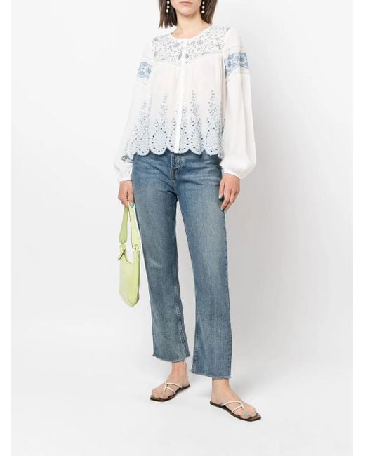 LoveShackFancy White Embroidered Crew Neck Blouse