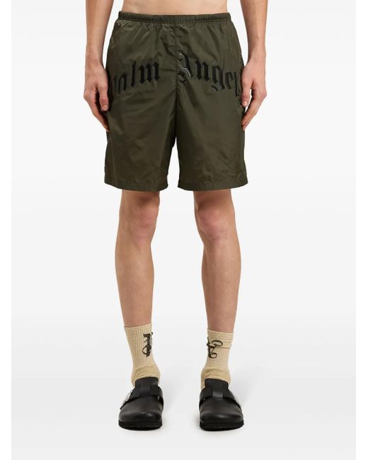 Palm Angels Green Curved-Logo Swim Shorts for men