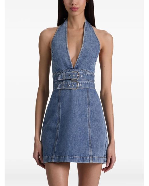 Alice + Olivia Blue Solana Buckle-Detail Halterneck Mini Dress