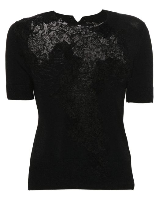 Ermanno Scervino Black Floral-lace Detail Knitted Top