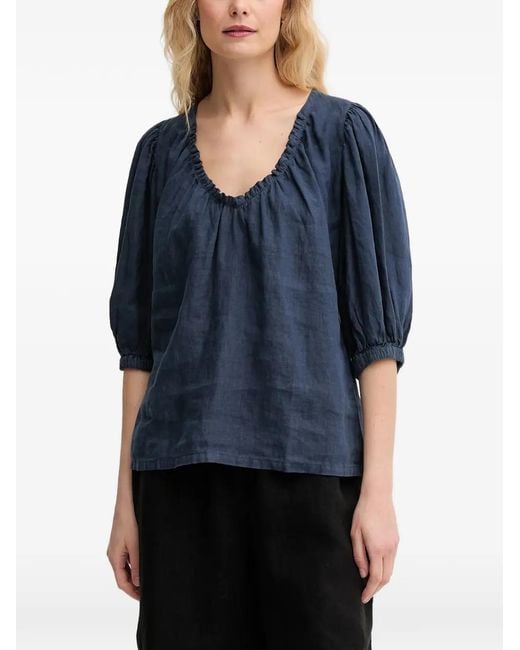 Mos Mosh Blue Gathered V-Neck Blouse
