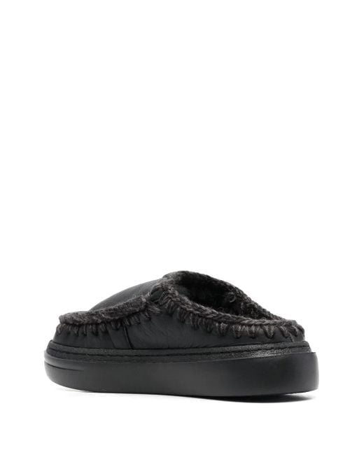 Mou Black Leather Slippers