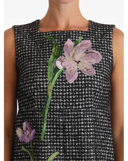 Dolce & Gabbana Black Floral-Appliqué Houndstooth Mini Dress