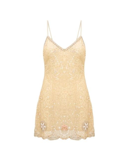 LoveShackFancy White Mini Sequin-Embellished Floral-Patch Dress