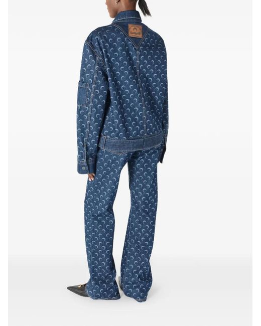 MARINE SERRE Blue Belted Moon-Print Denim Jacket