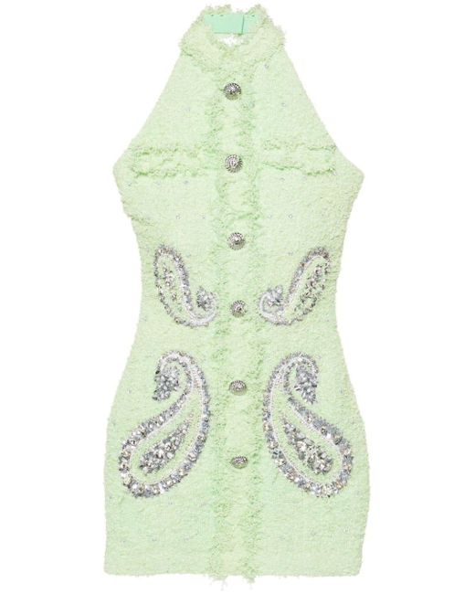 Balmain Green Paisley-embellished Tweed Mini Dress