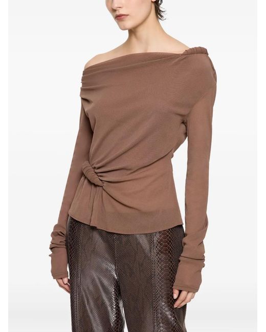 Paris Georgia Brown Croissant Long-Sleeve Knot-Detail Top