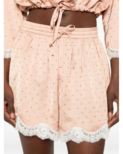 Sandro Pink Lace-Trim Rhinestone-Embellished Shorts