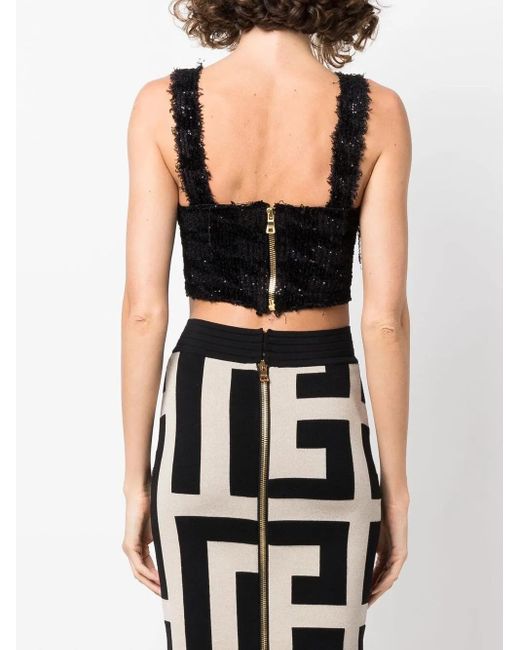 Balmain Black Sequin Knitted Crop Top