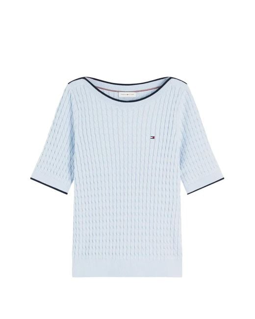 Tommy Hilfiger Blue Cable-Knit Short-Sleeve Sweater