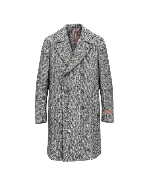 Isaia Gray Herringbone Wool Double-Breasted Coat for men