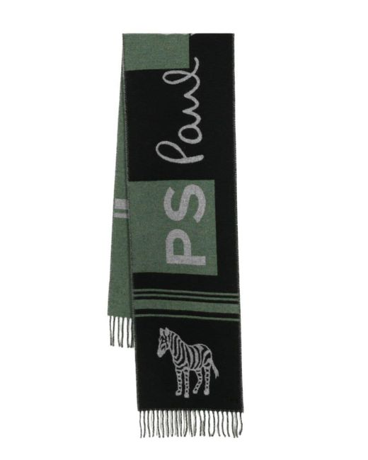 PS by Paul Smith Green Logo-intarsia Fringed Scarf for men