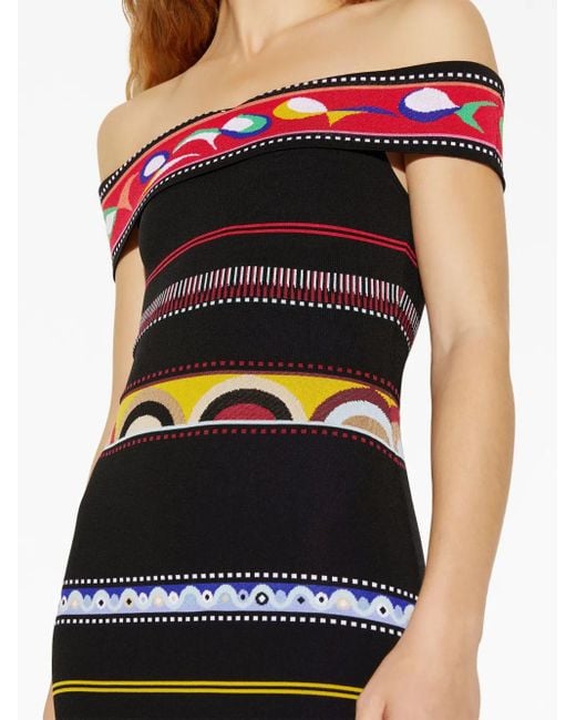 Emilio Pucci Black Jacquard Knit Dress For With Off-The-Shoulder Neckline And Back Slit Hem