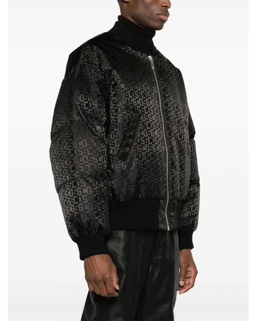 Gcds Black Zip-up Bomber Jacket With Monogram Motif