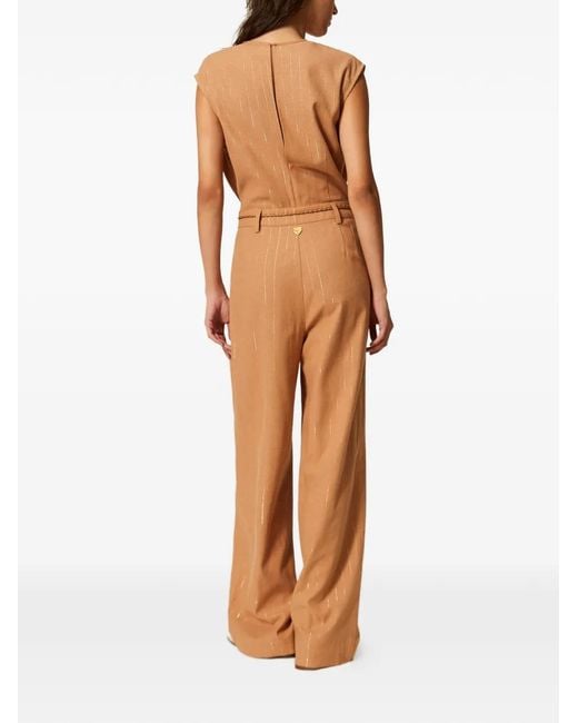 Twinset Natural Pinstriped Belted Jumpsuit