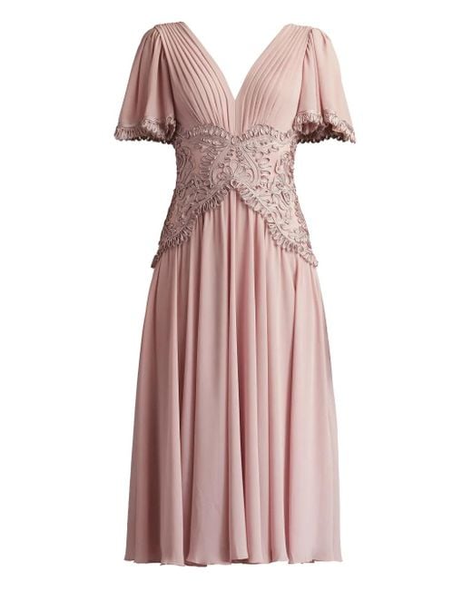 Tadashi Shoji Pink Pleated Lace-Insert Midi Dress