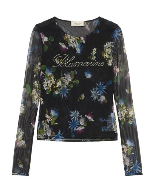 Blumarine Black Floral-Print Mesh Top
