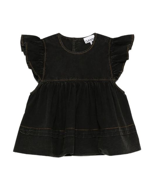 Ganni Black Ruffled-Trim Smock Top