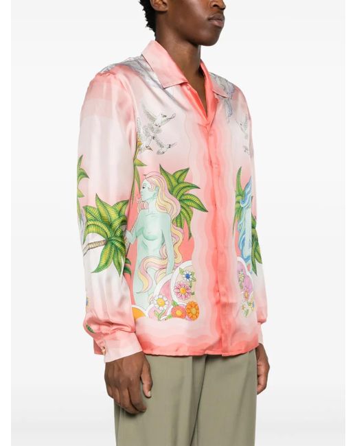 Casablanca Pink Paix Et Amour Tennis Club-Print Silk Shirt for men