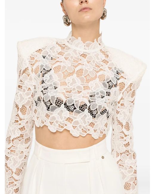 Nissa Natural Structured-Shoulder Lace Crop Top