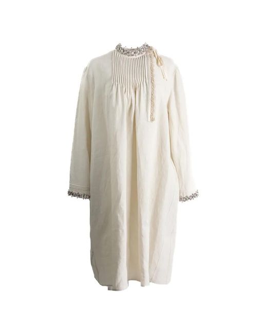 Prada White Pleated Embellished-Neck Dress