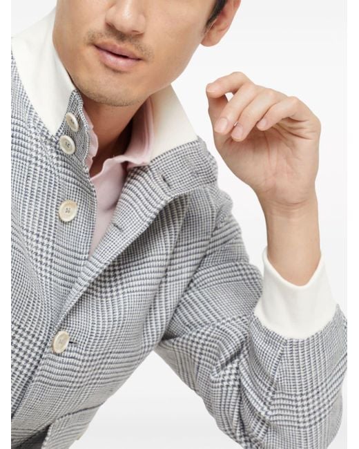 Brunello Cucinelli Gray Houndstooth Linen Blend Shirt Jacket for men
