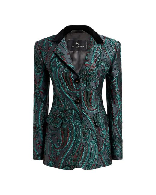 Etro Green Jacquard Single-Breasted Jacket With Paisley Motif