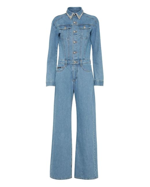 Philipp Plein Blue Crystal-Embellished Denim Jumpsuit