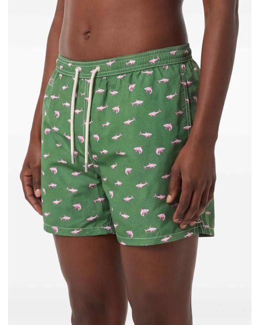 Mc2 Saint Barth Green Shark On Shark Print Swim Shorts for men