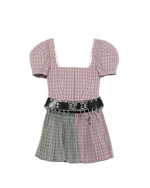 Chopova Lowena Pink Carly Tartan Belted Mini Dress