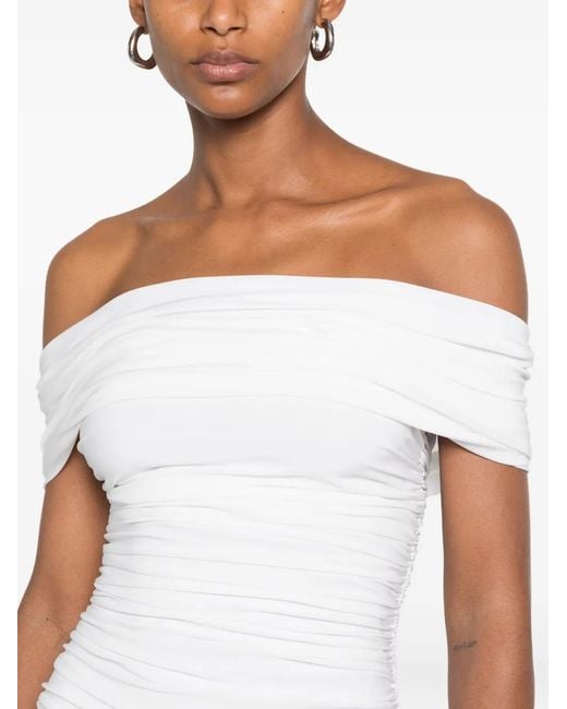 Norma Kamali White Ruched Off-The-Shoulder Midi Dress