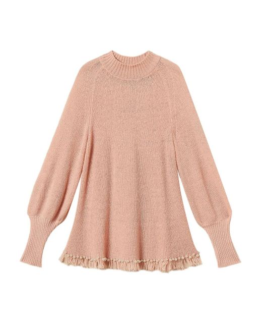 Twinset Pink Fringes Pearls Turtleneck Sweater