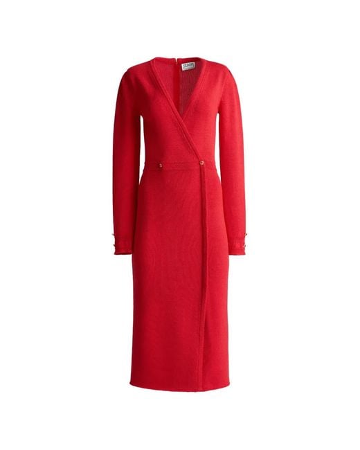 St. John Red Bracelet Knit V-Neck Midi Dress