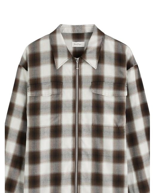 Second/Layer Brown Checked Zip-Up Shirt for men
