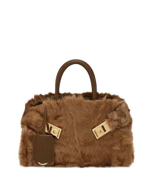 Ferragamo Brown Mini Hug Shearling Buckle Cross Body Bag
