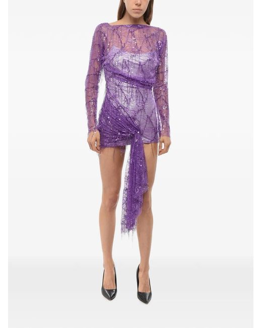 Christopher Esber Purple Lace Sequin-Embellished Asymmetric Mini Dress