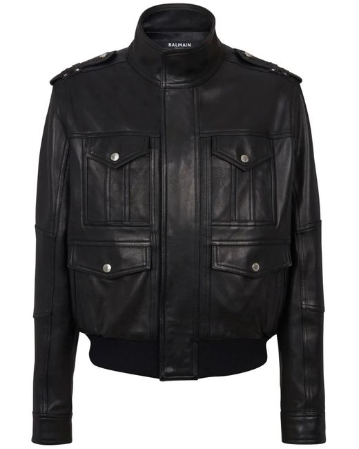 Balmain Black Leather Bomber Jacket for men