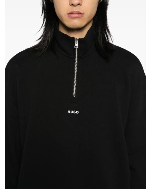 HUGO Black Zip-Neck Logo Print Sweatshirt for men
