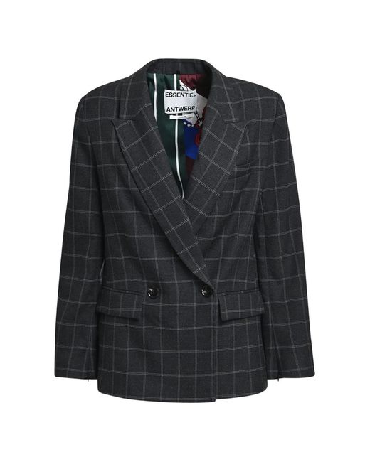 Essentiel Antwerp Black Kendra Checked Double-Breasted Blazer