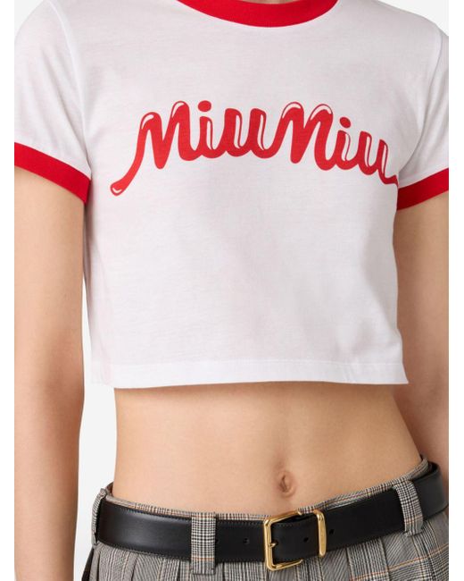 ★MiuMiu★ Logo Print Crop Short Sleeve T-Shirt White Red MJ Miu Miu Logo-Print T-Shirt in Red | Lyst Australia
