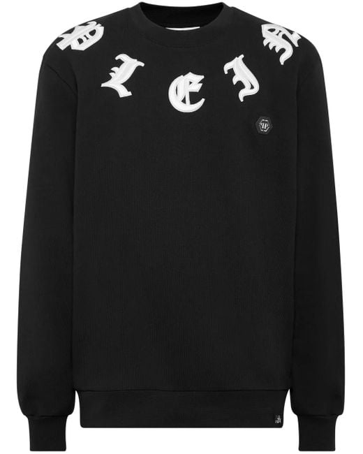 Philipp Plein Black Gothic-Embroidered Round Neck Sweatshirt for men