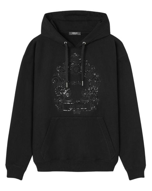 Versace Black Logo-embroidered Sequinned Hoodie for men