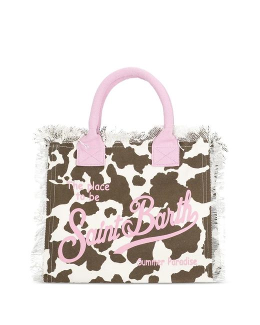 Mc2 Saint Barth White Large Vanity Cow-Print Frayed Tote Bag