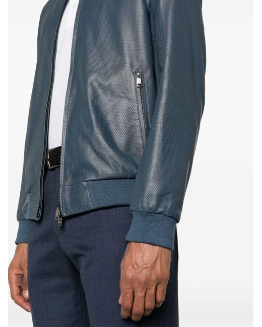 Brioni Blue Perforated Leather Bomber Jacket for men