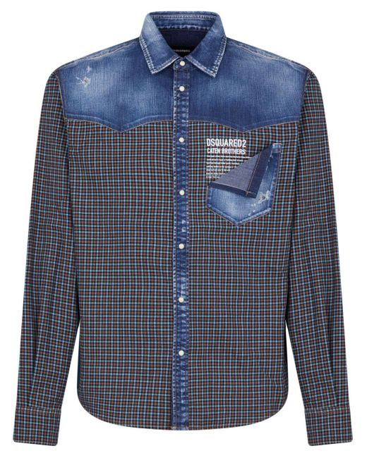 DSquared² Blue Checked Panelled Denim Shirt for men