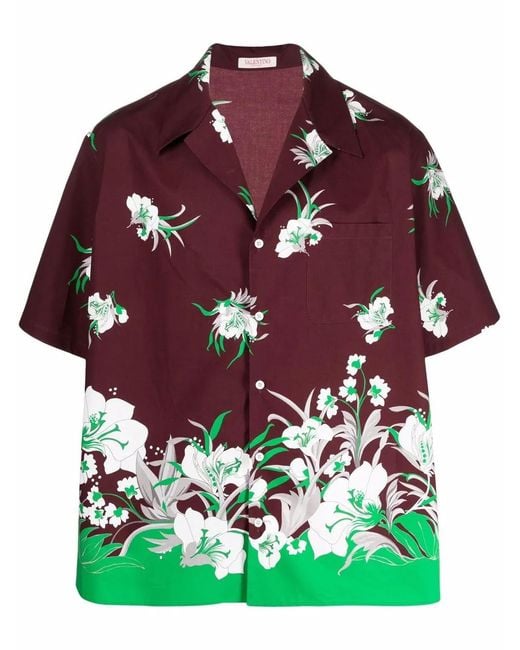 Valentino Garavani Red Floral-Print Short-Sleeved Shirt for men