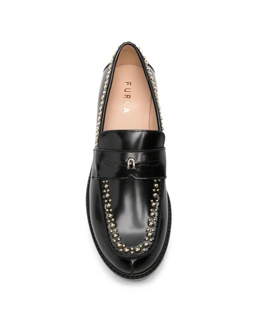 Furla Black Studded Leather Loafers