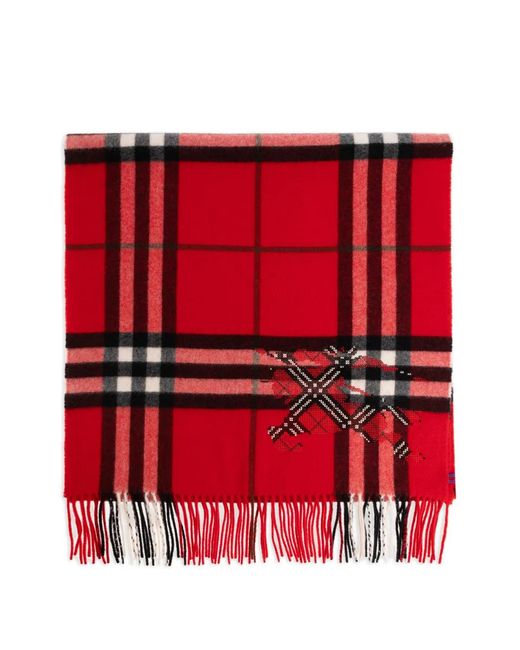 Burberry Red Wide Cross-Stitch Edk Check Cashmere Scarf