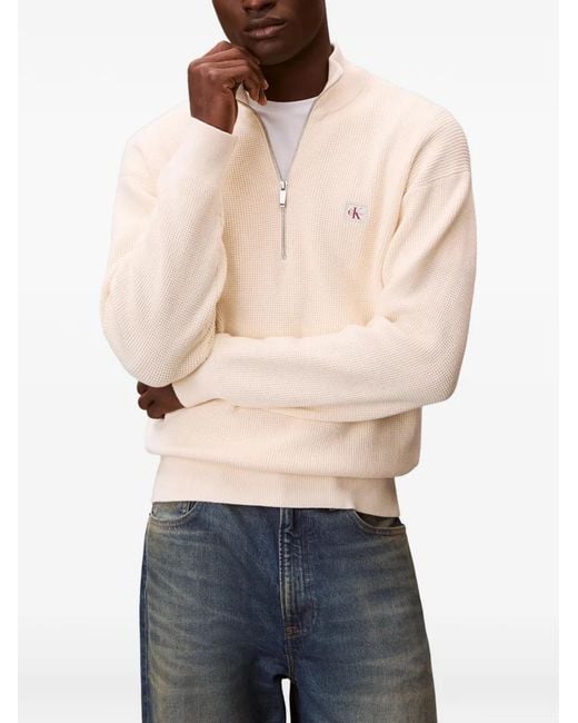 Calvin Klein White Logo-Patch Zip-Neck Sweater for men