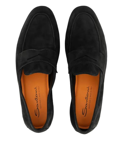 Santoni Black Flat Penny Loafers for men